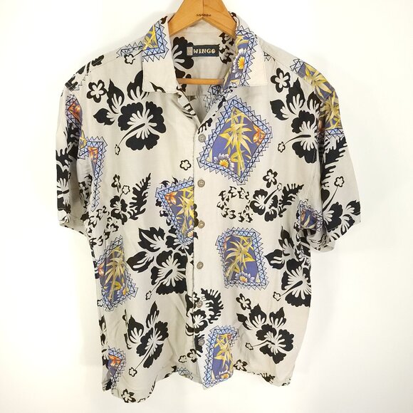 Vtg Wingo Hawaiian Button Front Shirt Men's Med Beige Black Floral Geometric - Picture 1 of 7